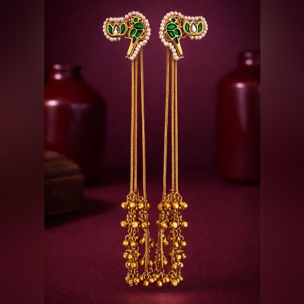 Kashmiri Green and Gold Earrings with Bells